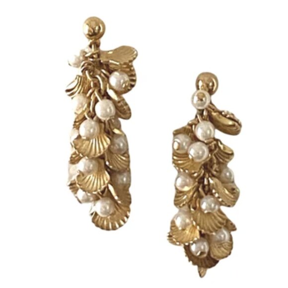 Vintage Pearl and Gold Shell Earring Drop Dangle - Picture 1 of 2